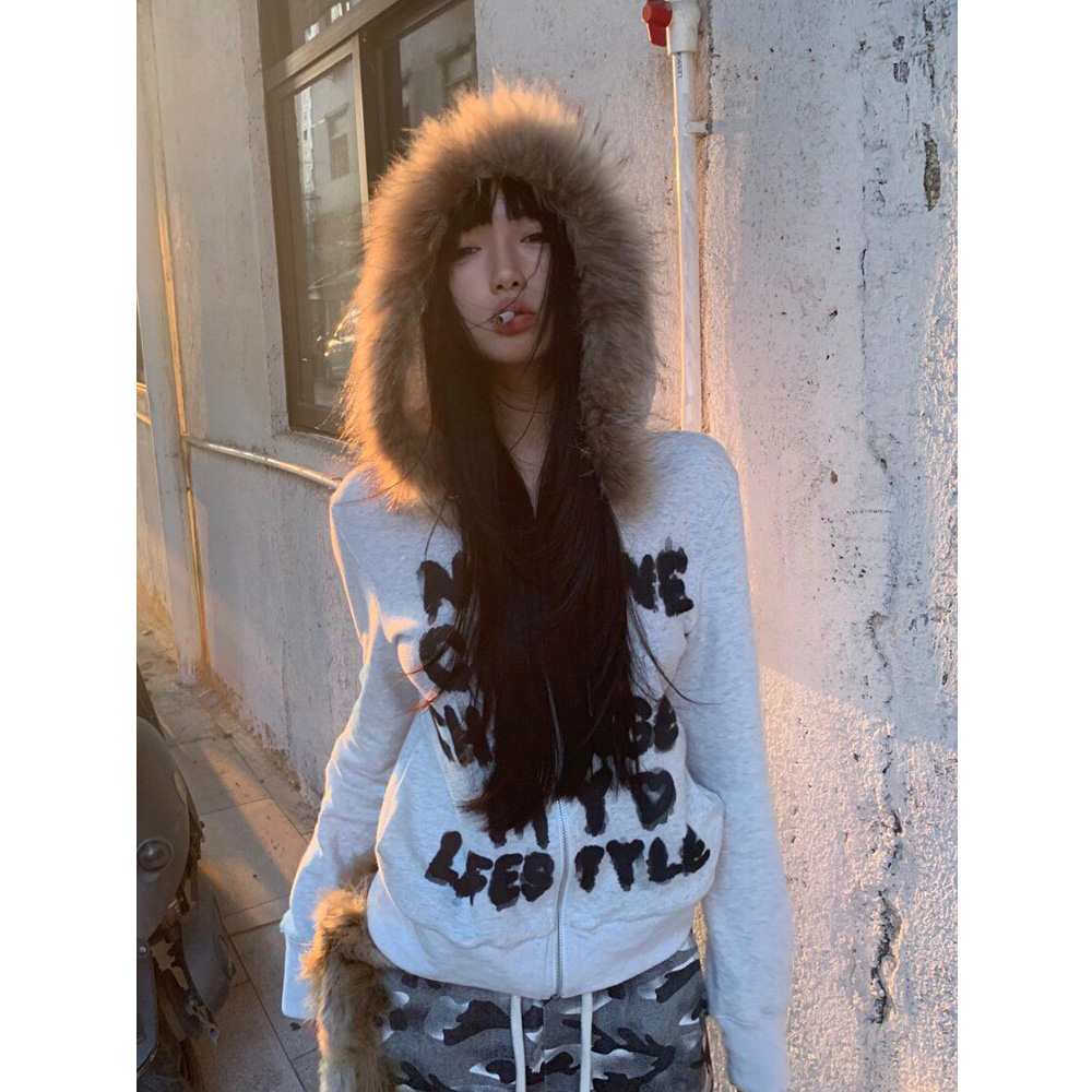 番茄妹妹Tomatosister毛领连帽卫衣外套辣妹美式复古灰色开衫短款