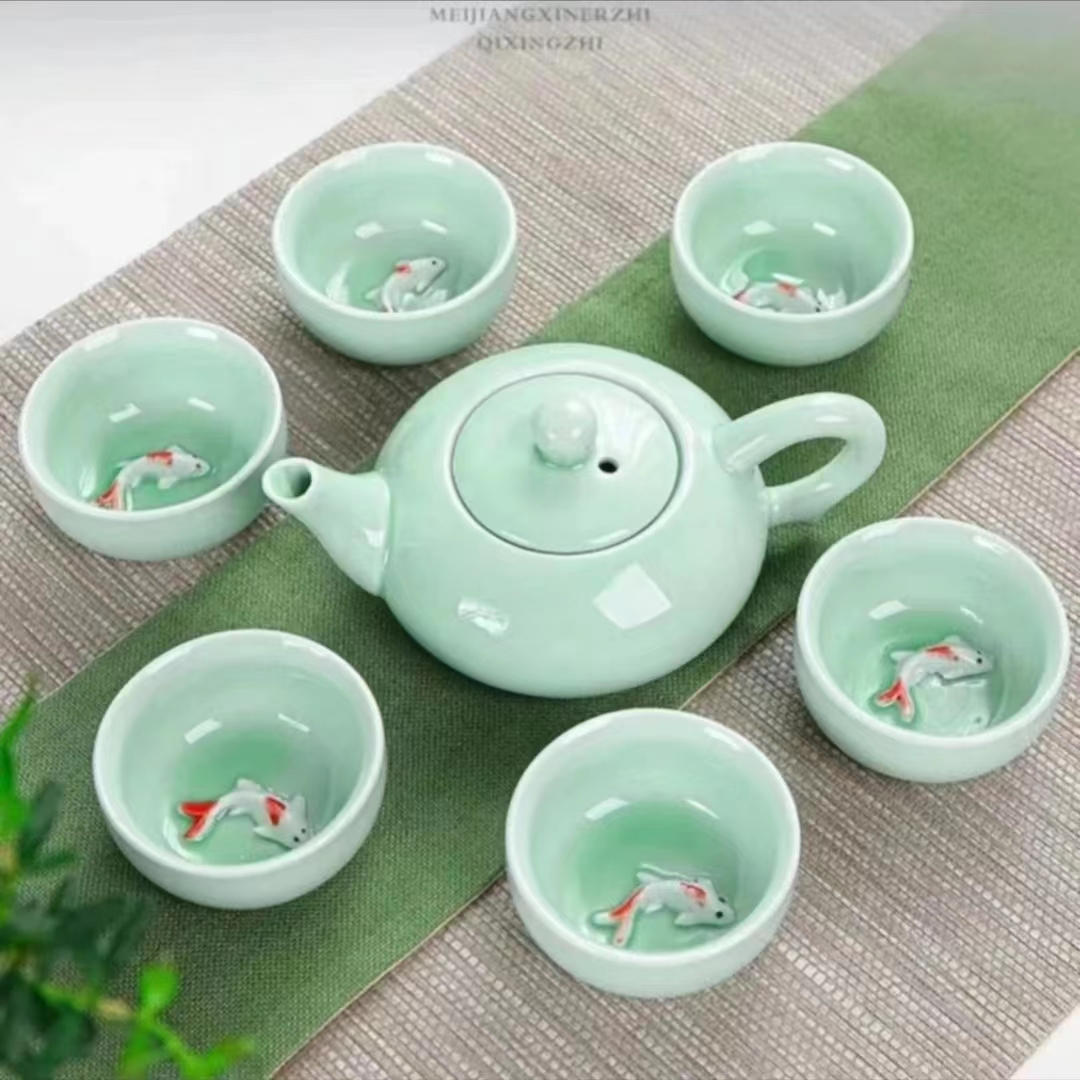 青瓷功夫中式茶具套装陶瓷茶壶茶杯公道杯鲤鱼家用商务简约装