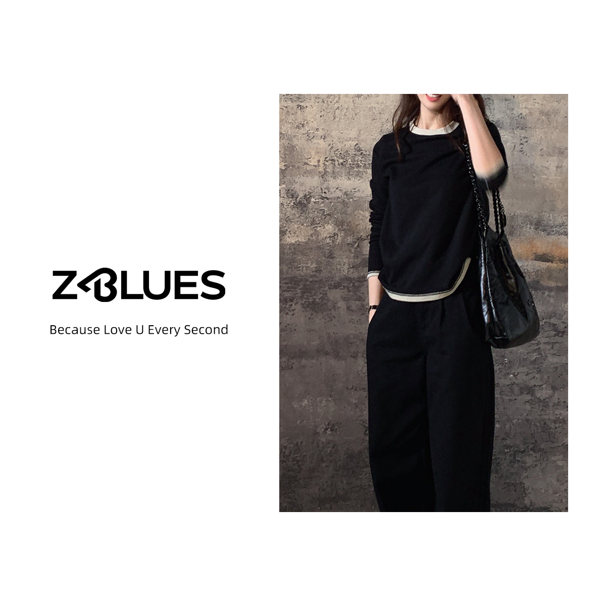 Z.blues【早秋优雅】撞色假两件线迹早秋休闲针织打底衫YZJXYD007