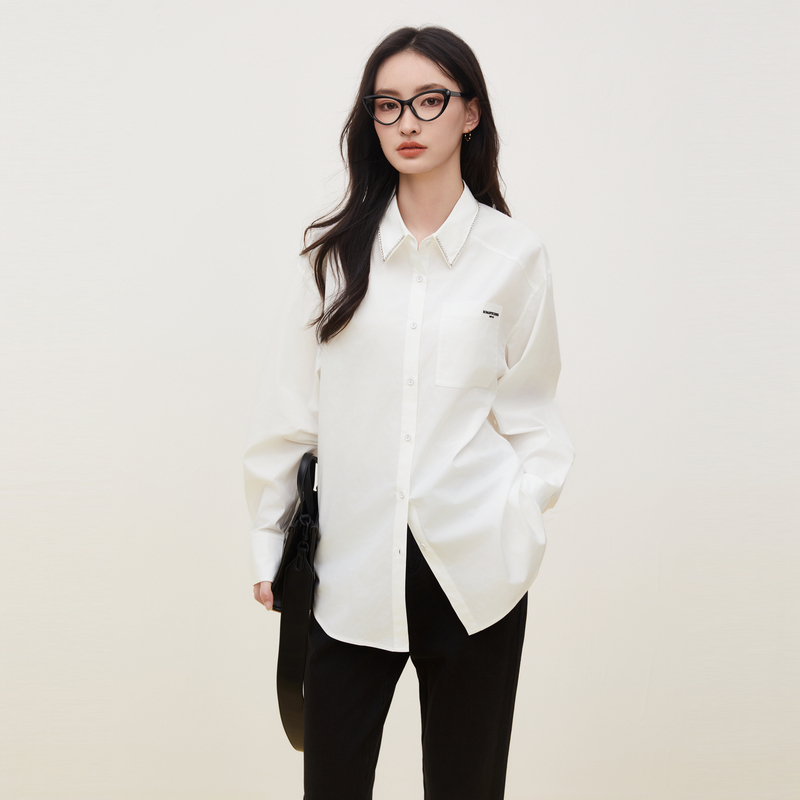 XG雪歌白色长袖衬衫秋季新款创意腰封设计休闲上衣女