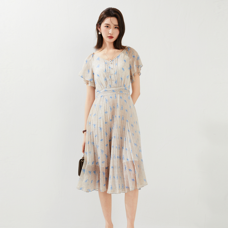 XG雪歌碎花高腰荷叶袖连衣裙夏季新款中长款短袖V领百褶裙女