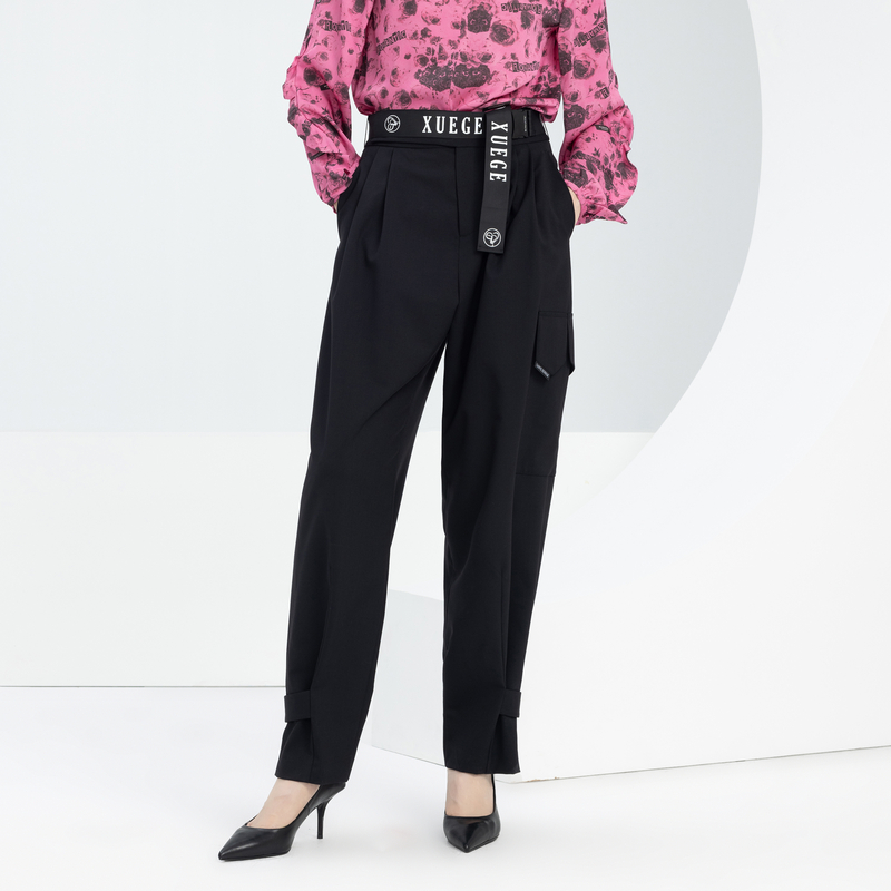 XG雪歌通勤简约绵羊毛休闲裤春季新款裤袢设计束脚直筒裤女装