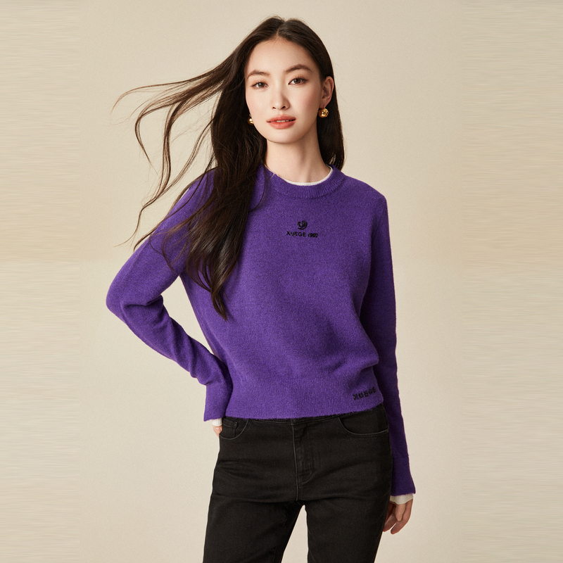 XG雪歌通勤短款长袖毛针织衫冬季新款假两件拼接绵羊毛毛衫女