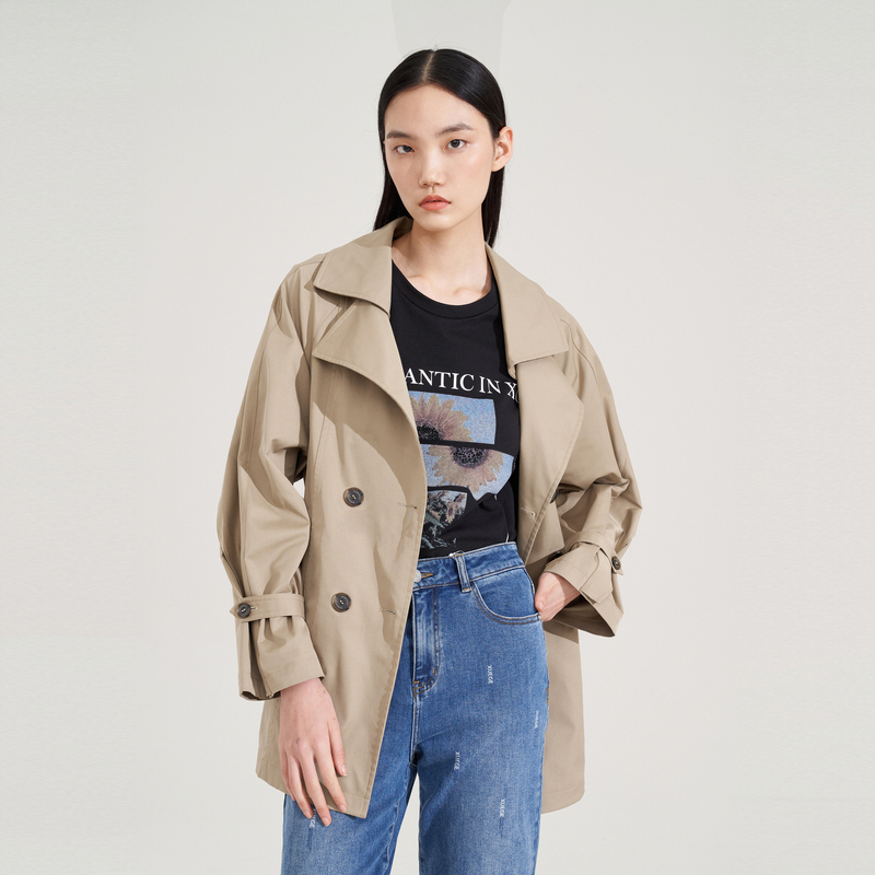XG雪歌通勤简约长袖休闲风衣秋季新款中长款卡其色风衣外套女