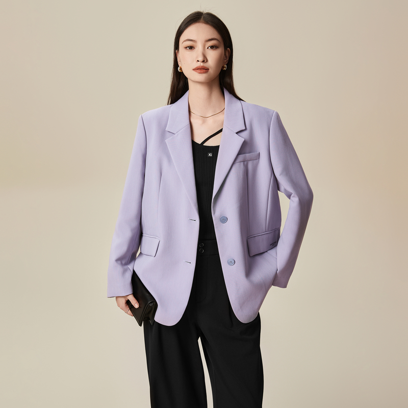 XG雪歌【推荐款】长袖休闲西装春季新款灰紫色通勤简约外套女装