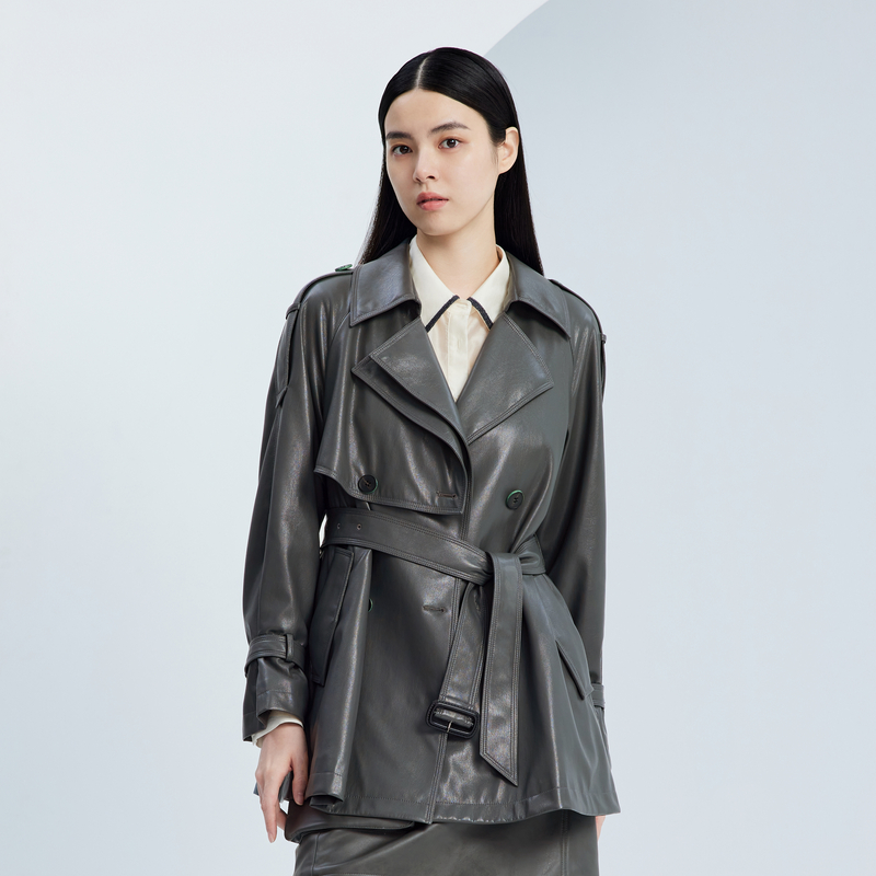 XG雪歌深灰色双排扣休闲风衣秋季新款中长款通勤长袖外套女装