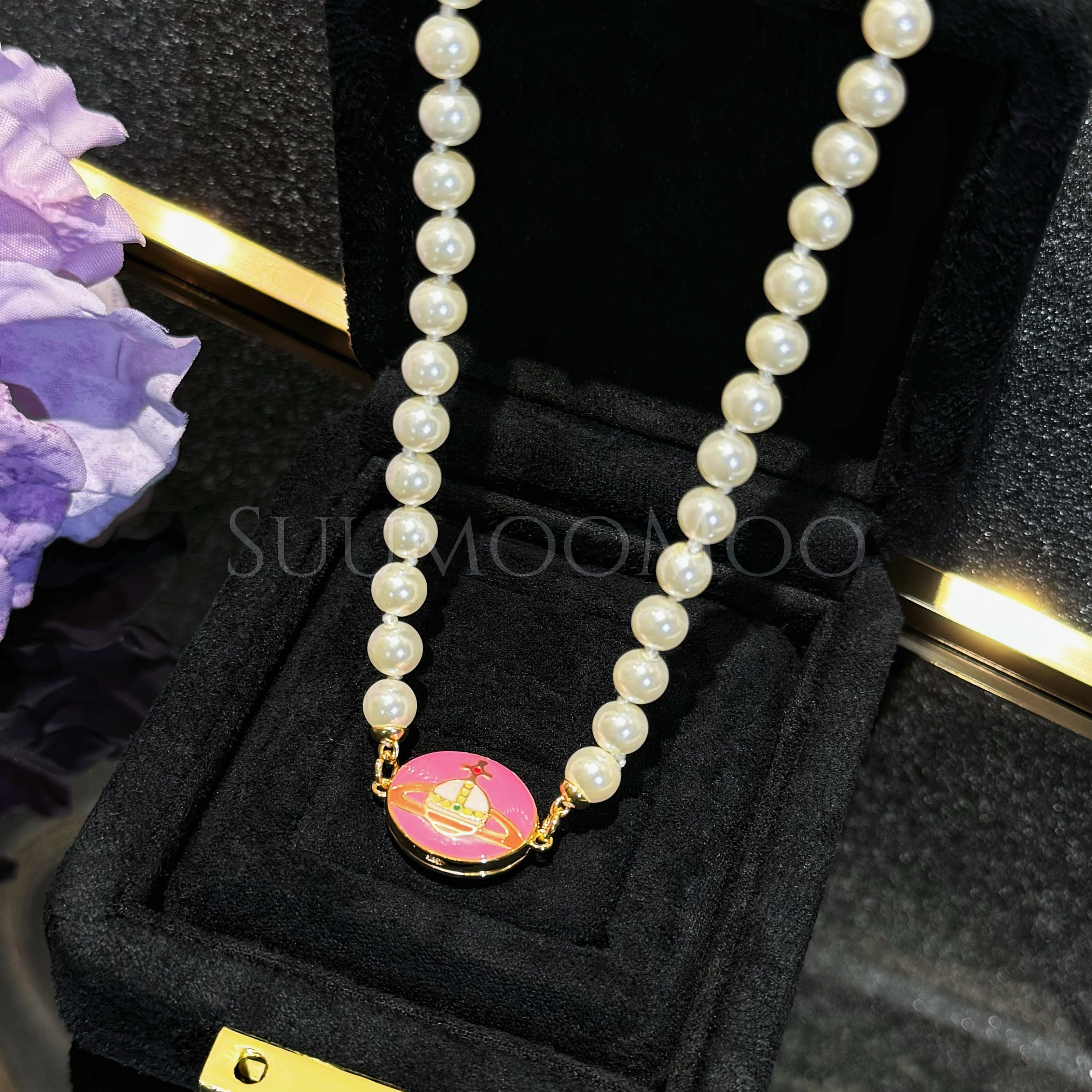 铜合金合成锆石项链 法式时尚珠珠星球项链 磁吸扣