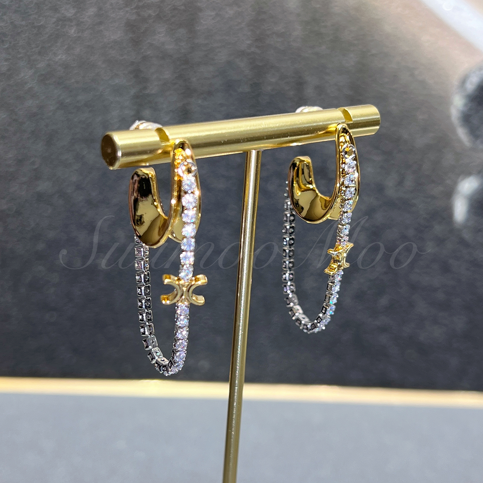 铜合金合成锆石耳饰 法式时尚锆钻吊坠流苏耳环