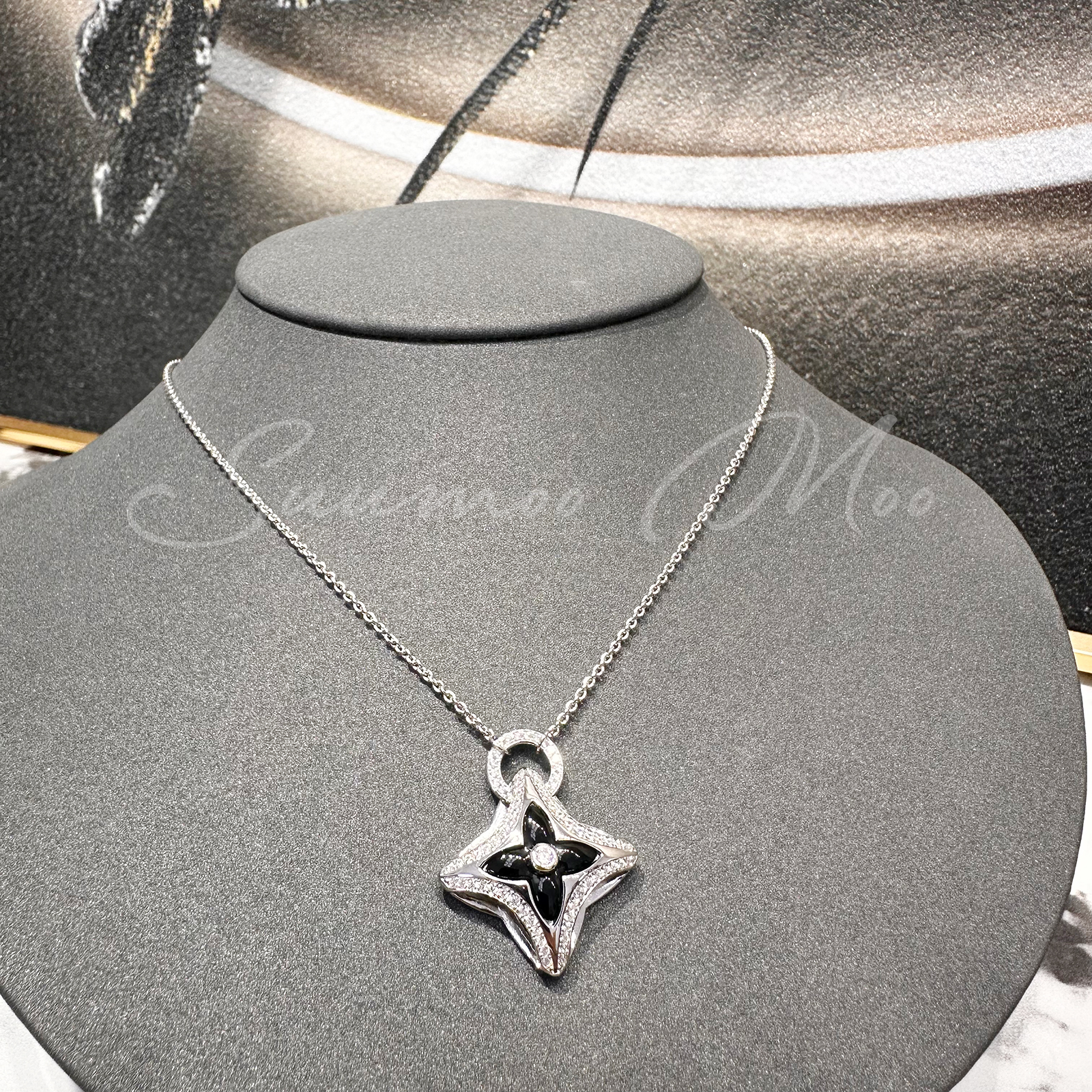 坠链均925银合成锆石 法式时尚黑银花吊坠925通体银项链