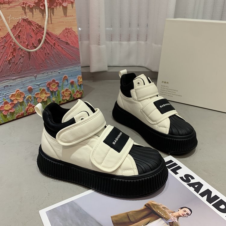 红蜻蜓牌2023秋季新款厚底女鞋魔术贴高帮饼干鞋软皮贝壳头百搭H