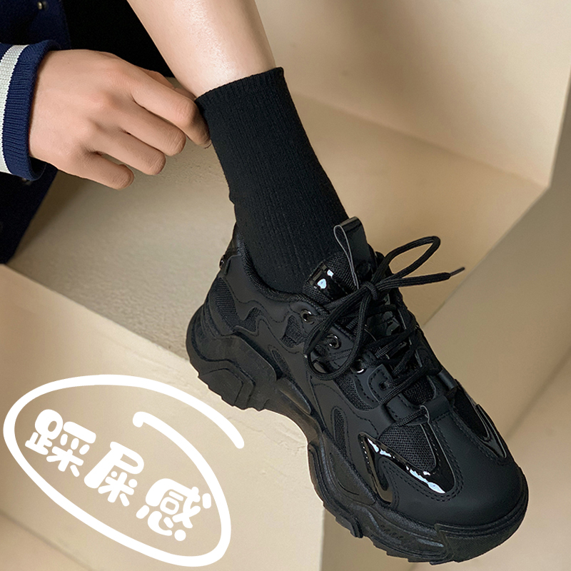 旺贝回力34小码黑色运动鞋女款加绒全黑色老爹鞋防水防滑休闲上班