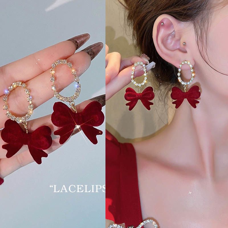 合金耳饰 2024酒红丝绒蝴蝶结耳环秋冬耳饰小众设计感气质耳环女