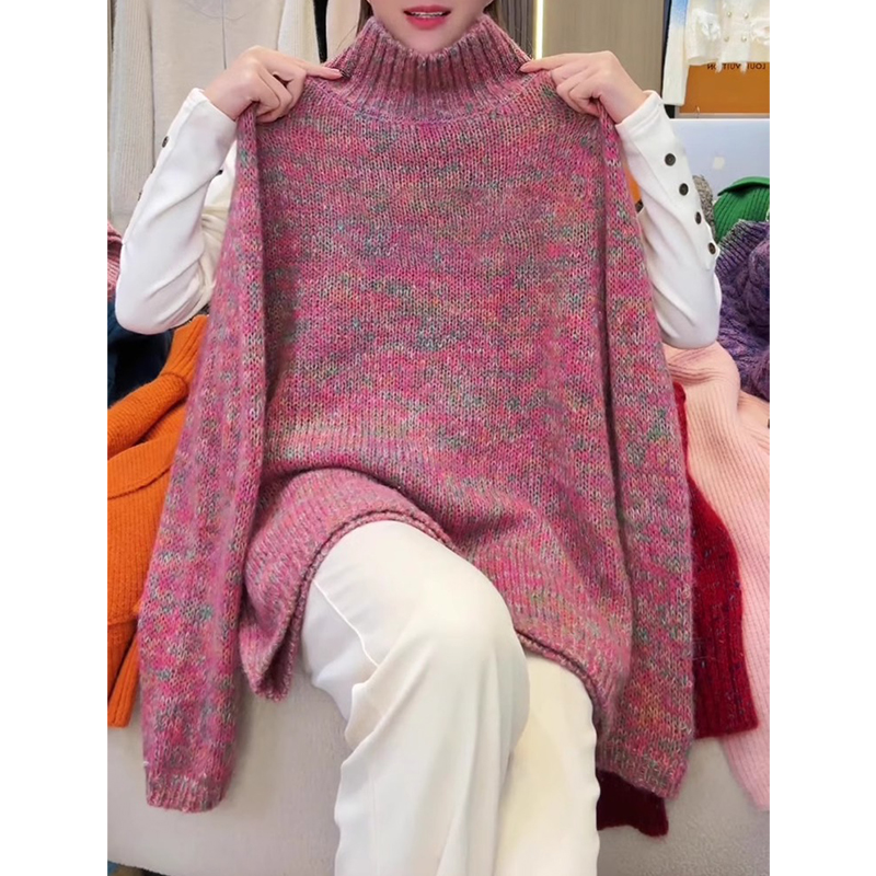 欧货漂亮彩色花纱线半高领套头毛衣女加厚秋冬新款宽松慵懒风上衣