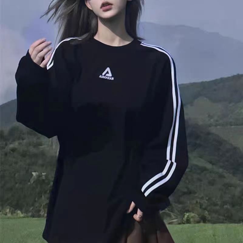 2023秋新款美式复古少年感简约双杠长袖卫衣女宽松休闲运动上衣潮