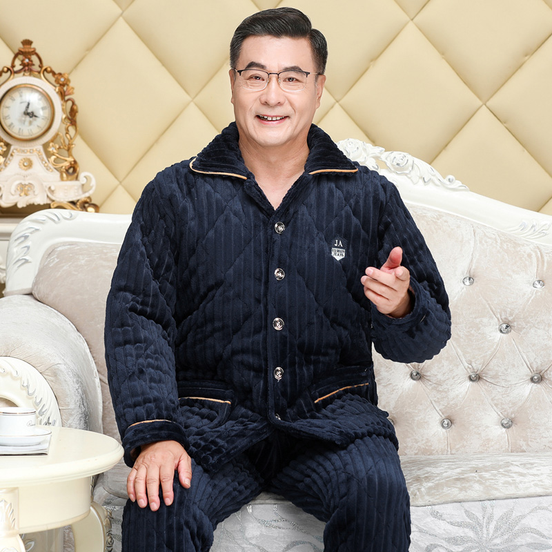 秋冬季中年男睡衣厚款加厚宽松三层夹棉款保暖家居服加绒套装冬天