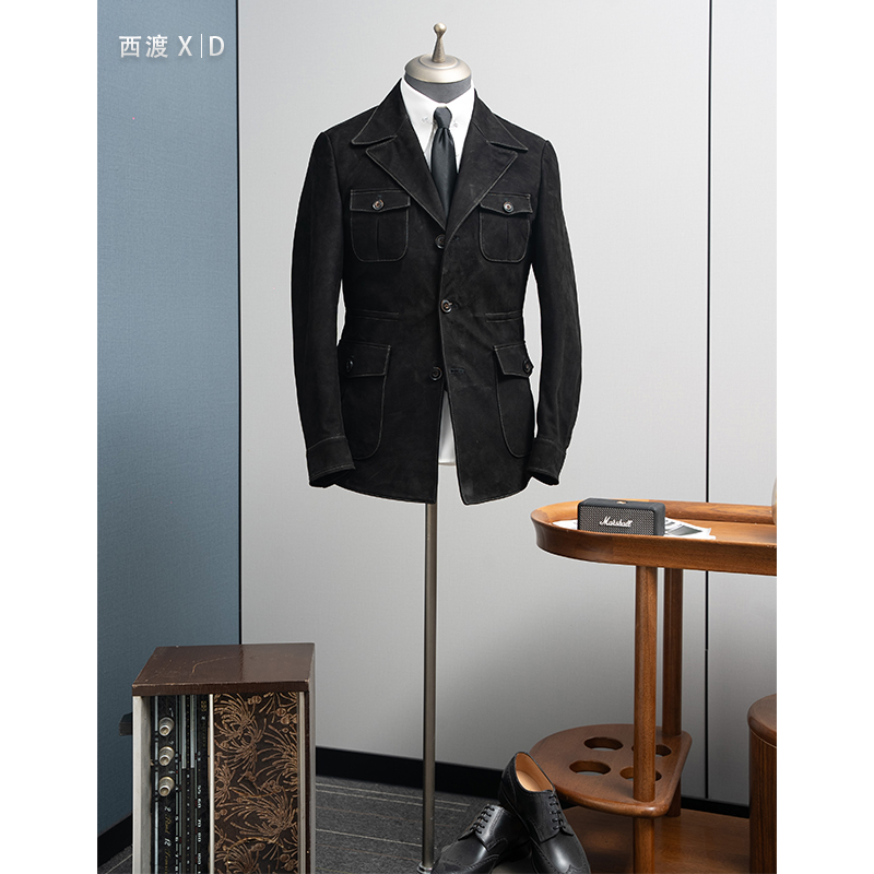 2024新款男士复古老钱风商务休闲真皮牛皮正绒西装领猎装秋冬夹克