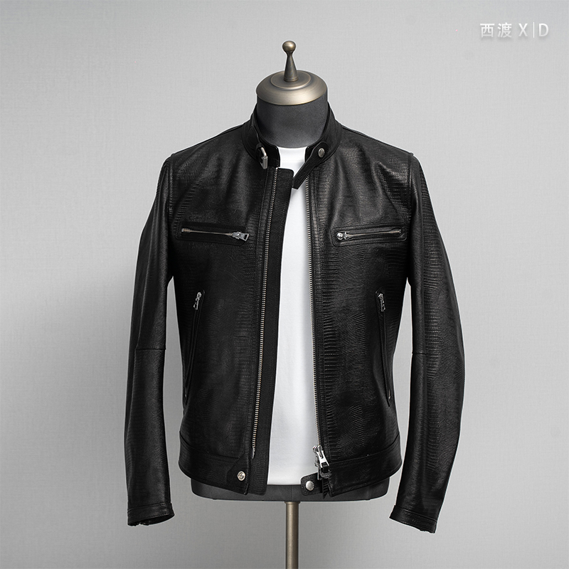 高级定制重工蜥蜴纹头层山羊皮短款男士机车风秋冬休闲百搭夹克