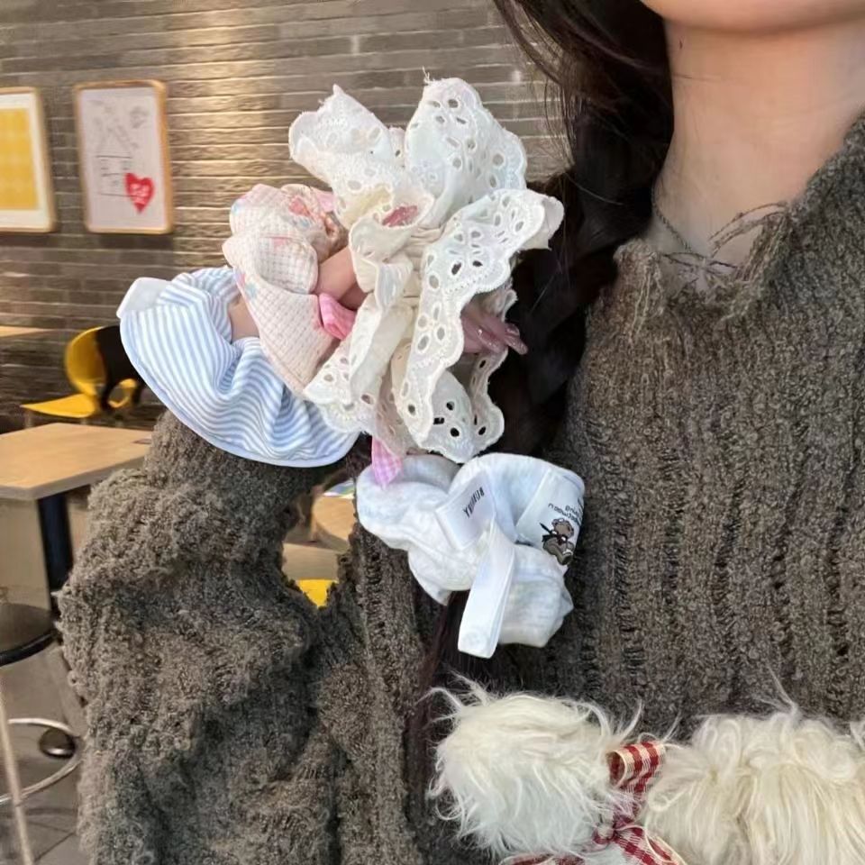 韩版海盐蓝白条纹小狗大肠发圈ins风温柔可爱百搭少女发绳头绳