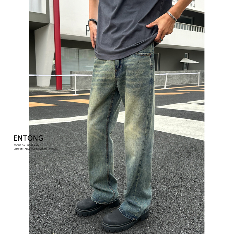 Entong微喇牛仔裤男款宽松阔腿美式vibe高街裤子潮牌水洗做旧长裤
