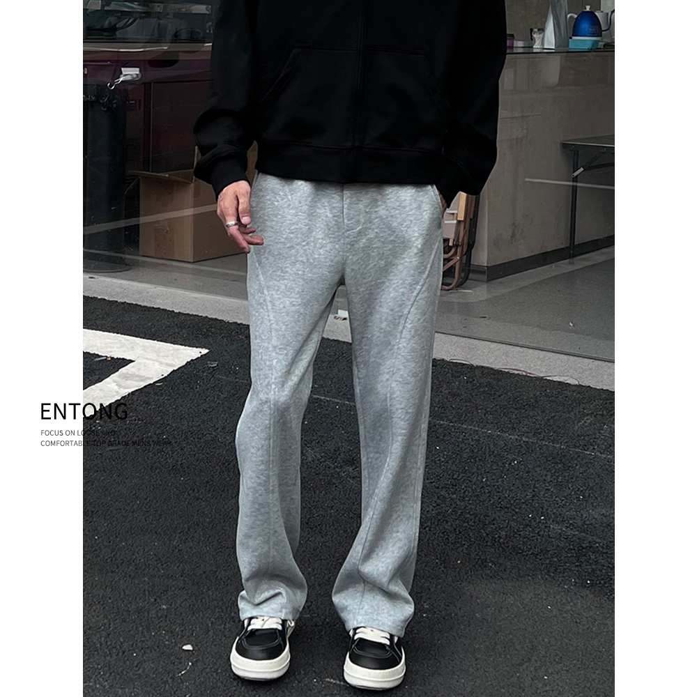 Entong美式潮牌cleanfit灰色卫裤男士基础百搭针织直筒抽绳休闲裤