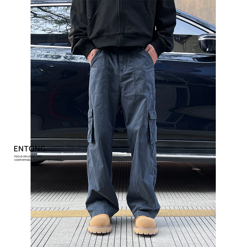 Entong美式复古藏蓝色水洗工装裤男多口袋高街百搭宽松直筒牛仔裤