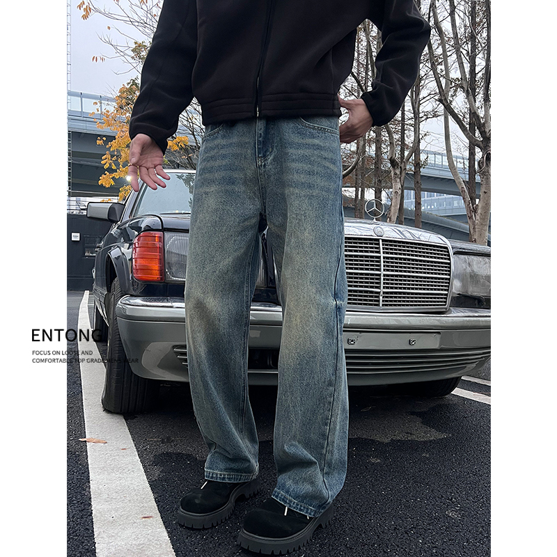 Entong美式高街vibe复古做旧牛仔裤男生直筒宽松cleanfit加绒裤子