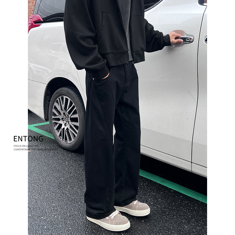Entong美式高街vibe黑色解构牛仔裤男款秋季复古直筒休闲工装长裤