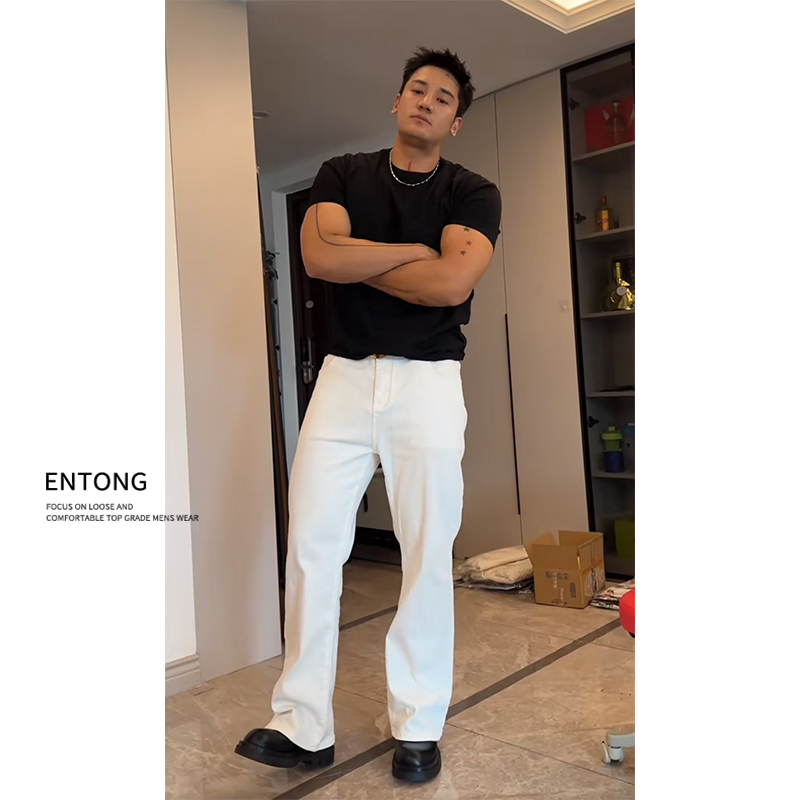 Entong美式高街vibe裤子男款潮牌痞帅白色牛仔裤修身直筒微喇长裤