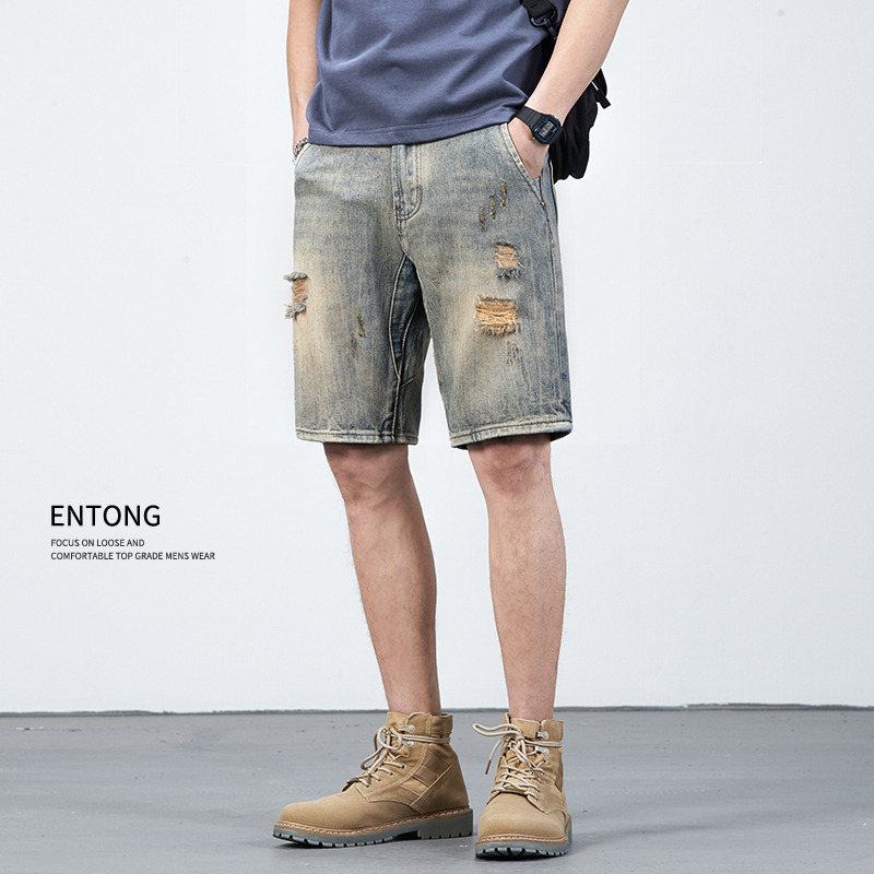 Entong夏天破洞牛仔短裤男潮牌宽松复古水洗做旧中裤五分裤夏季