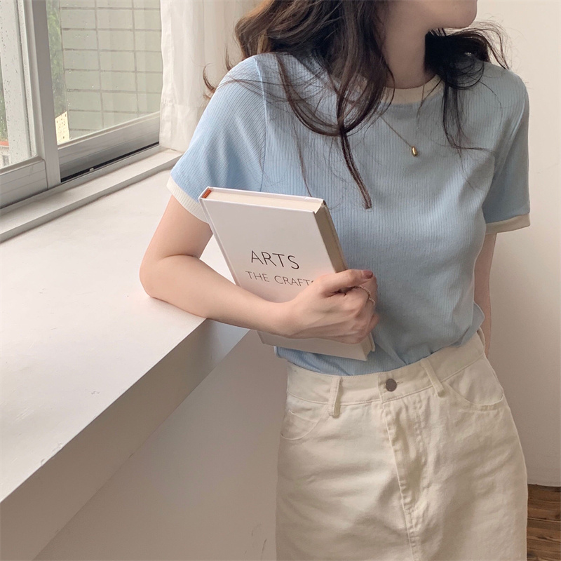 冰丝短袖t恤女韩版薄款修身坑条打底衫半袖上衣设计感小众体恤潮