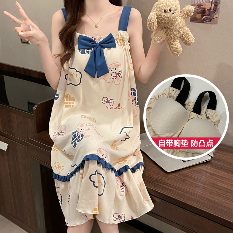 2024新款夏季网红吊带睡裙带胸垫睡衣女款薄款家居服可外出可外穿