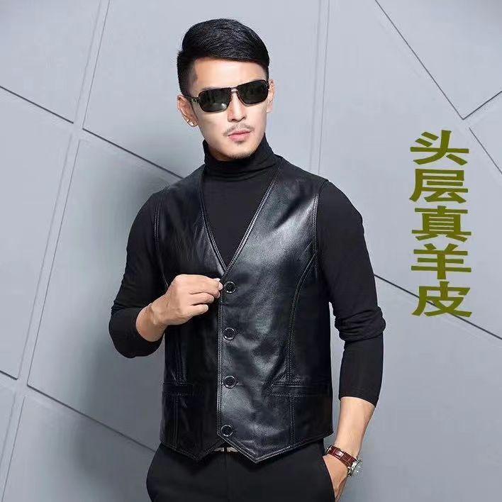 真皮马甲男新款头层绵羊皮马夹中老年时尚春秋休闲西装皮马甲背心