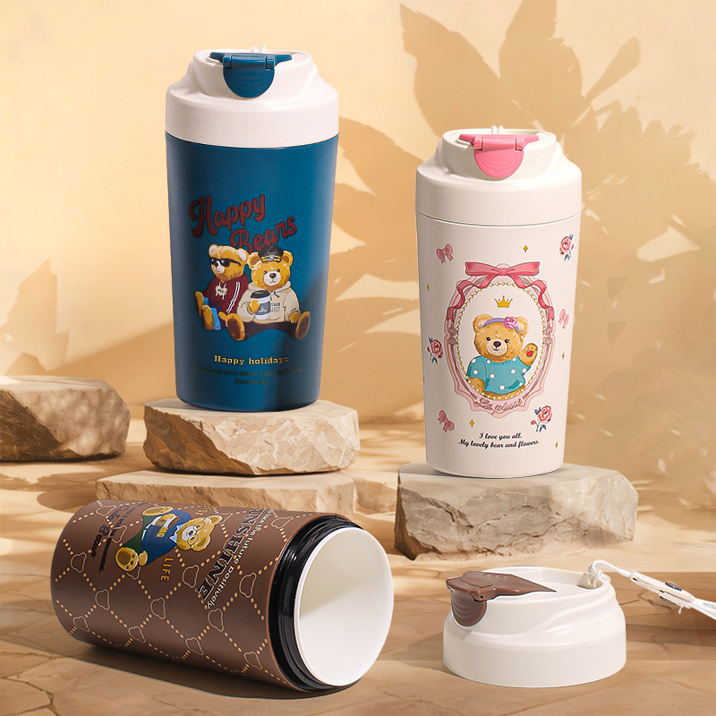 康纳斯真陶瓷内胆水杯玩偶熊可爱女生送礼翻盖茶杯咖啡杯子大容量