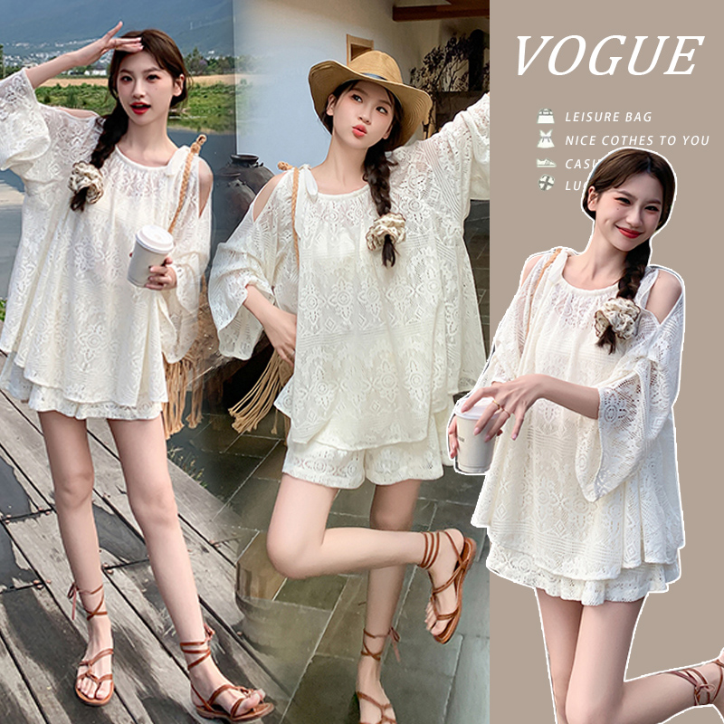 2025年夏季露肩慵懒风防晒宽松孕妇上衣短裤两件套洋气时尚外穿