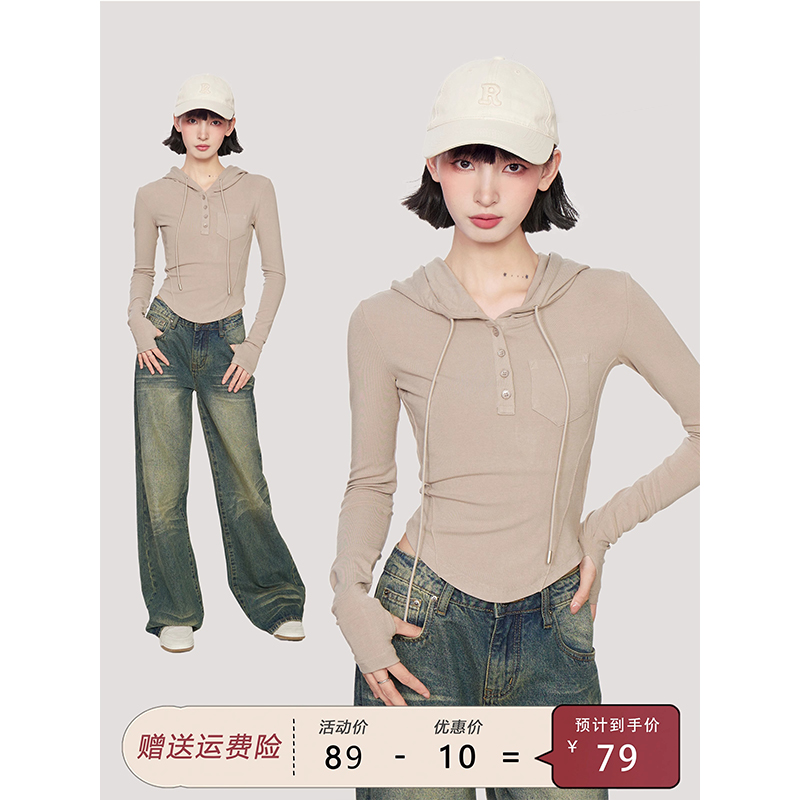 美式短款连帽套头卫衣女秋冬春秋修身帽衫正肩内搭打底衫长袖上衣