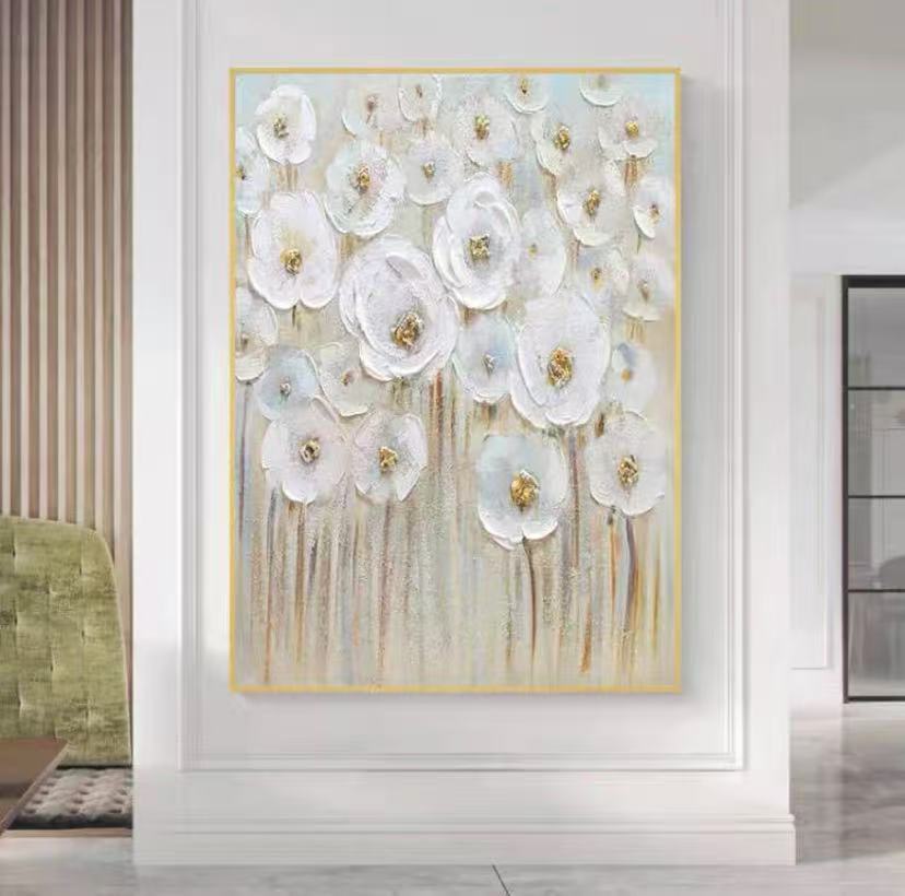 繁花似锦山茶花奶油风现代简约北欧餐厅装饰画客厅走廊实物手工