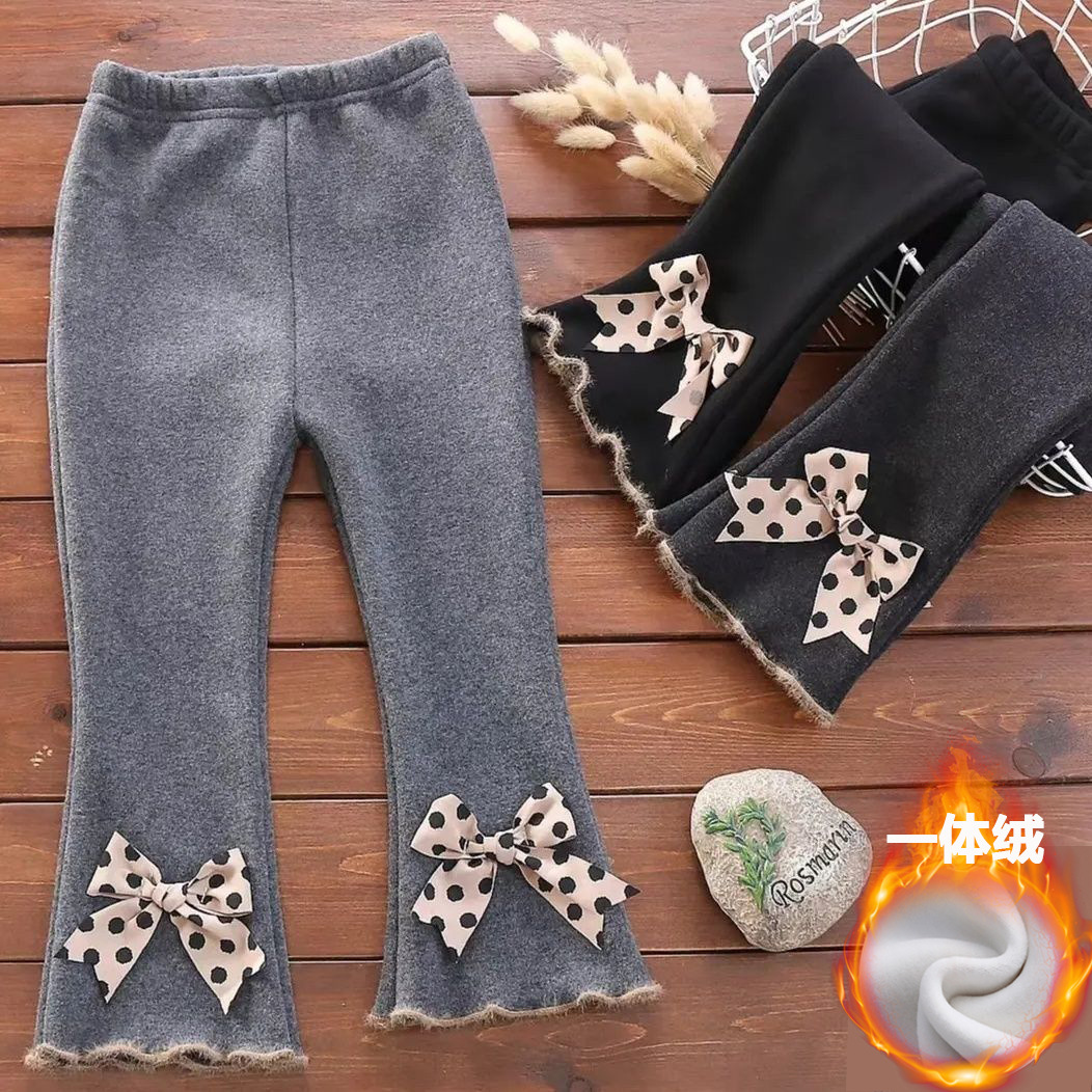 女童加绒微弹喇叭裤秋冬韩版网红宝宝一体绒裤子小童洋气打底裤潮