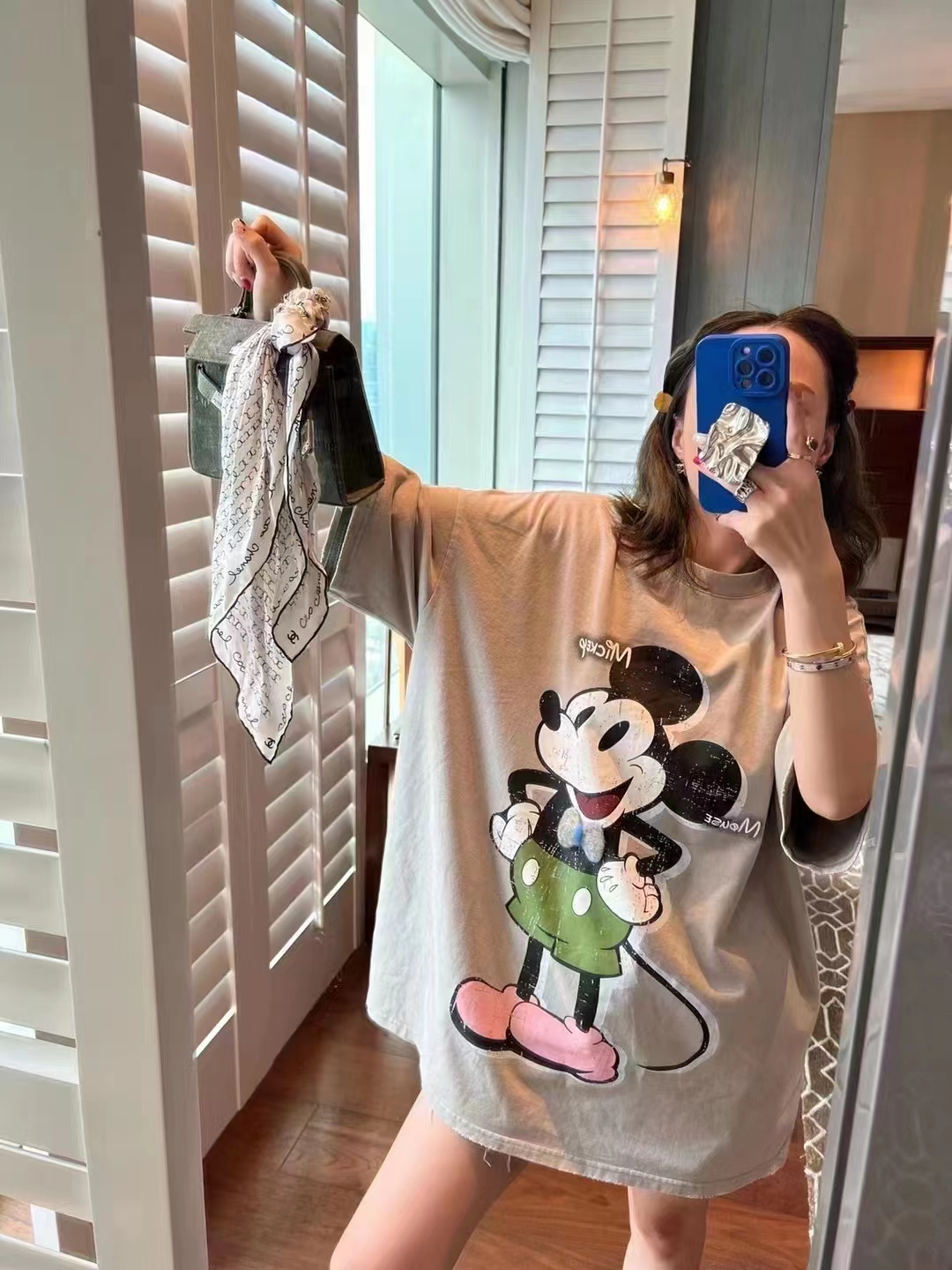 卡通做旧中长款短袖T恤欧货女2023新款韩版宽松减龄大版