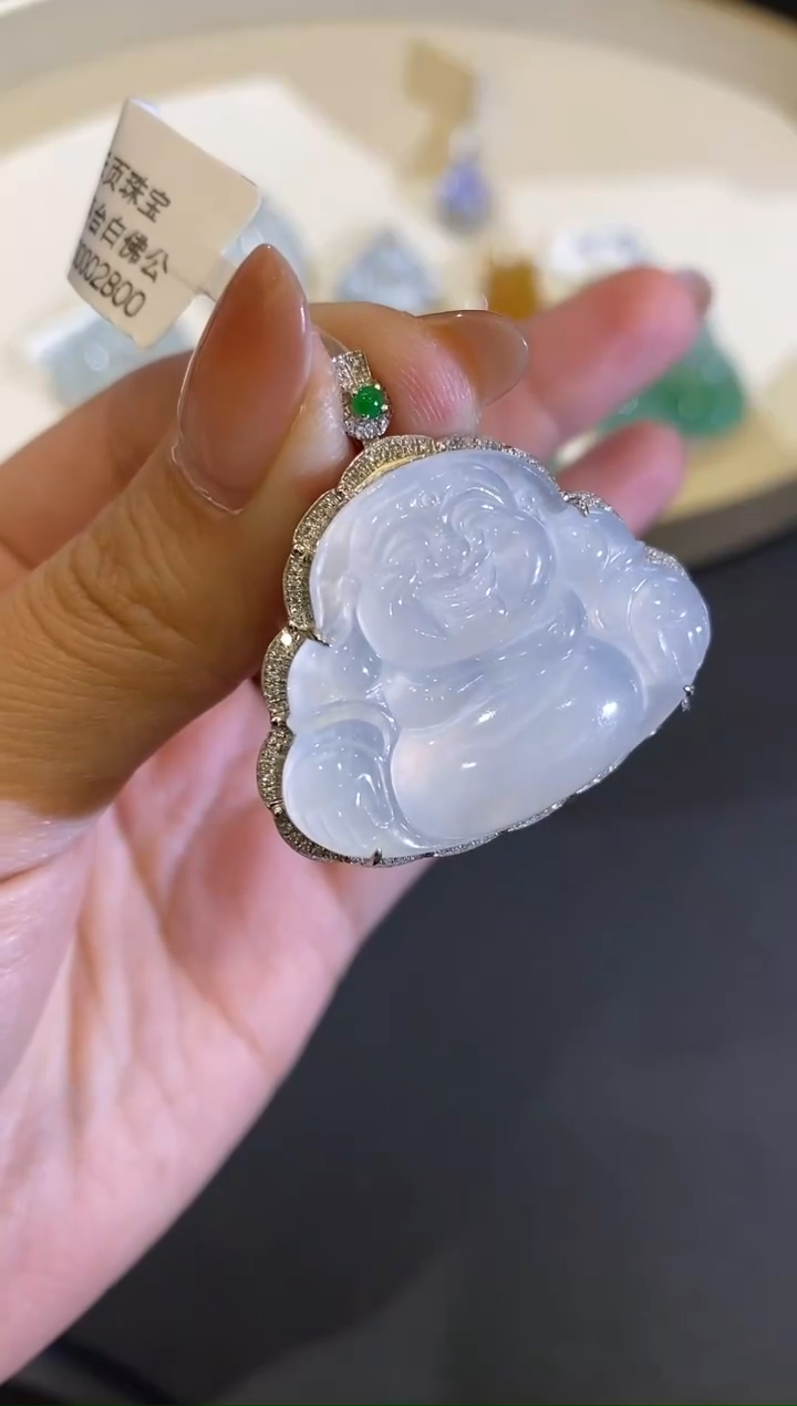 【闪购商品】翡翠吊坠18K金镶嵌钻石镶嵌缅料茅台白佛公