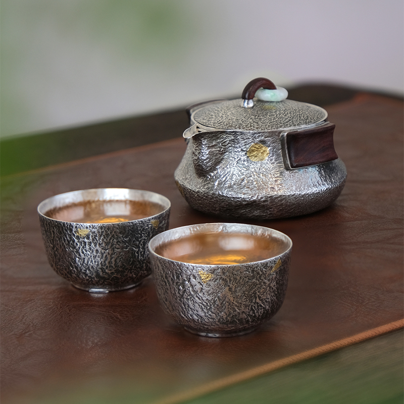 壶尔摩斯《侘寂风》一壶两杯套组银壶茶壶足银999日式手抓壶便携壶