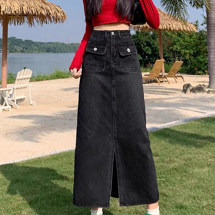 黑色牛仔半身裙女夏季新款高腰显瘦设计感中长款a字裙开叉包臀裙
