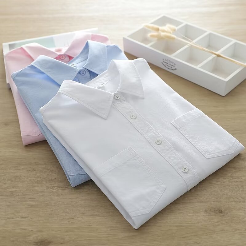 春装新款打底白衬衫女长袖休闲双口袋牛津纺纯色职业衬衣 8396