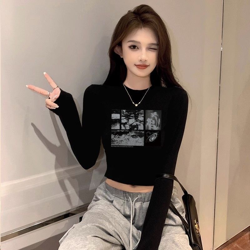 黑色长袖T恤女春秋新款甜辣纯欲修身露脐内搭紧身短款打底衫上衣