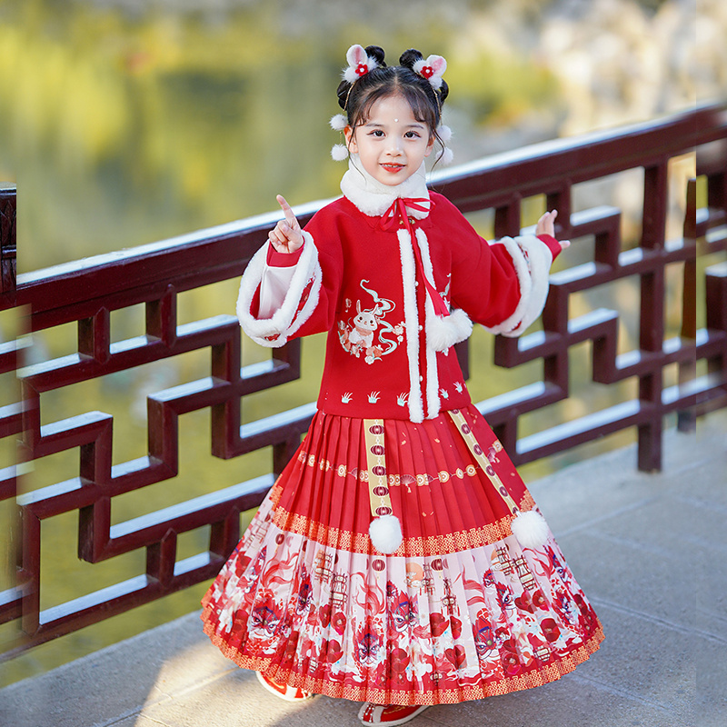 1955汉服女童秋冬新款儿童过年拜年服国风冬季喜庆宝宝新年唐装冬