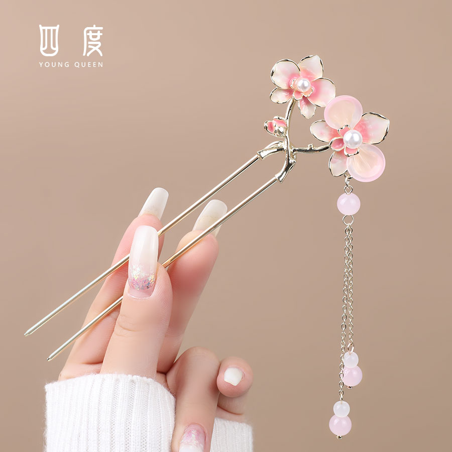  国风手工发簪新中式国风超仙桃花U型发簪气质简约头饰盘发簪子