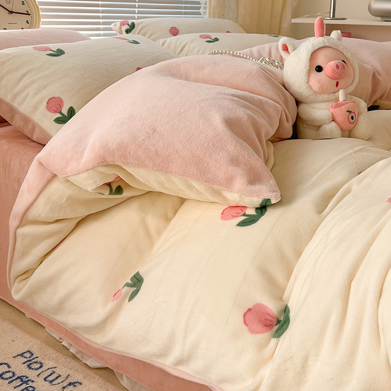冬加厚牛奶绒四件套保暖珊瑚绒被套法兰绒三件套床单被罩床上用品