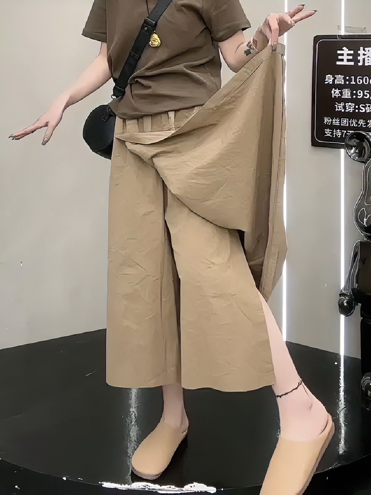 梨形身材大码夏季百搭高腰七分裤裙胖妹妹mm宽松显瘦阔腿休闲裤女