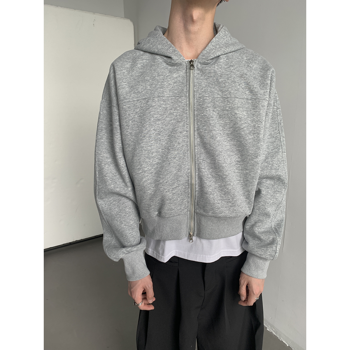 MION 青年社区 韩版休闲短款卫衣基础双拉链连帽灰色外套男女宽松