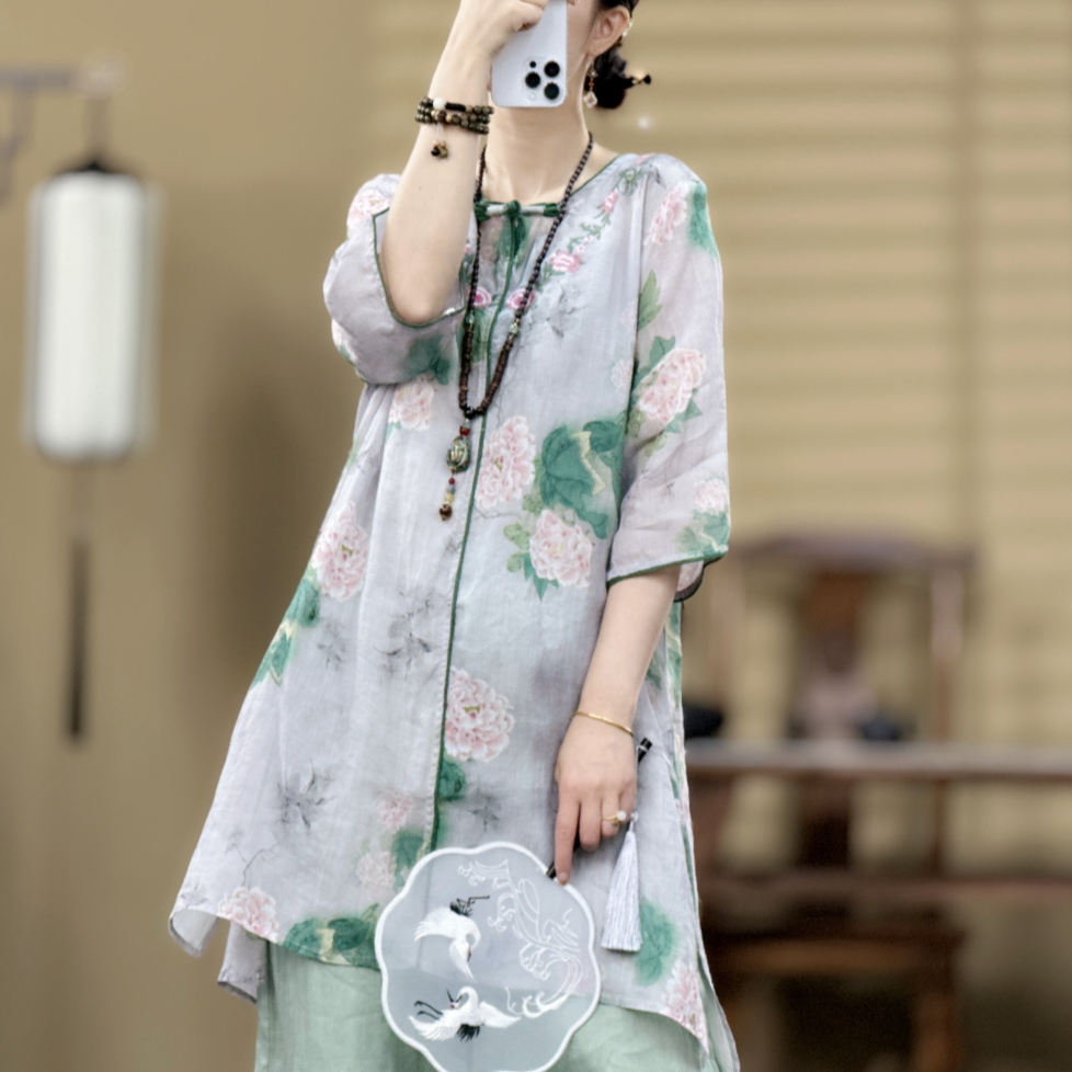 束心夏装新款新中式水滴盘扣五分袖衬衫女苎麻印花刺绣中长款上衣