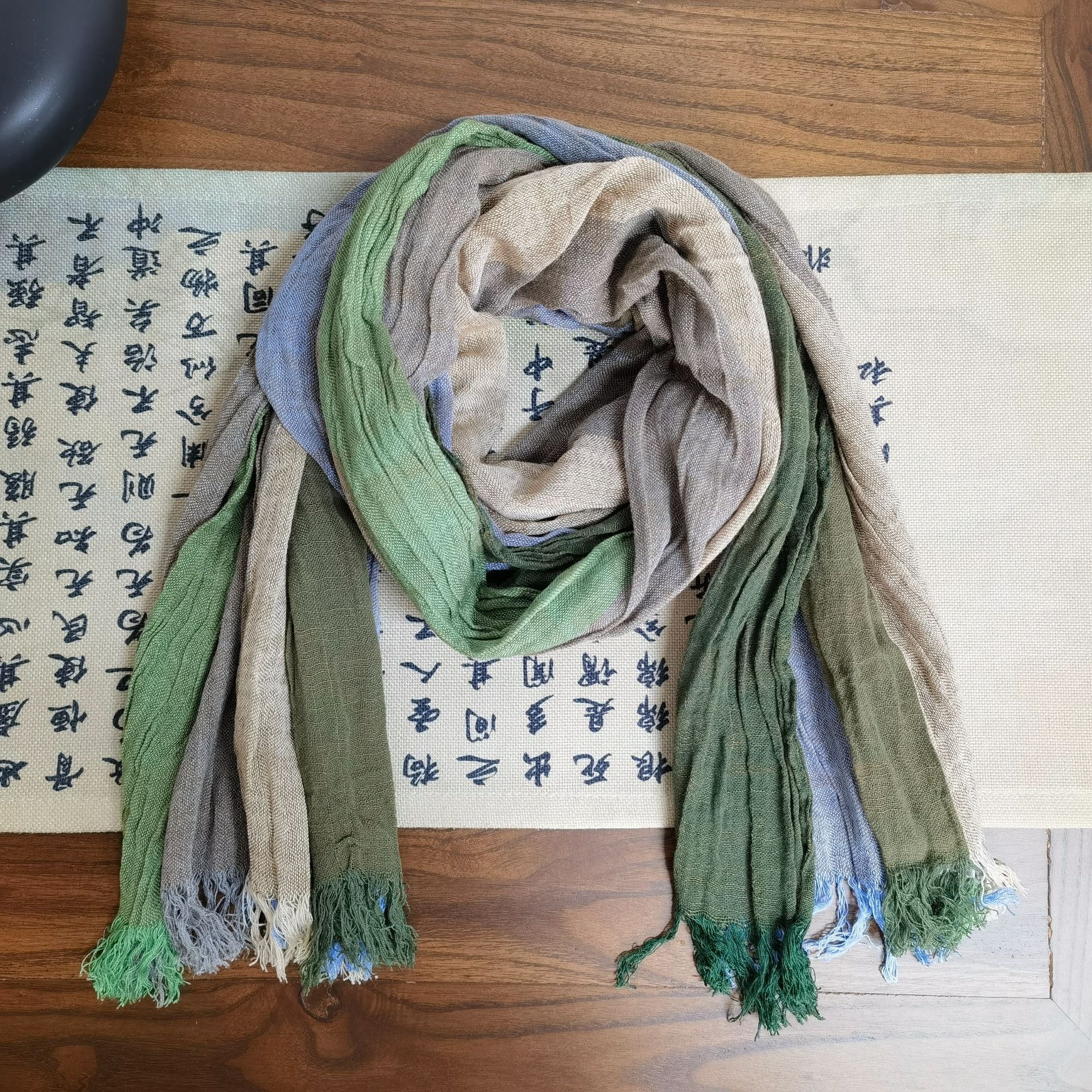 束心春秋新款拼色流苏多色条纹保暖休闲百搭棉麻长围巾女